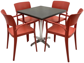 Set mobila terasa/restaurant RAKI masa patrata 80x80cm cu blat Werzalit New Wenge si baza aluminiu 4 scaune cu brate Panora rosii 54 5x51x 