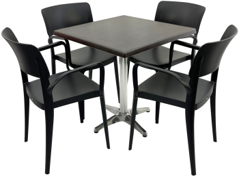 Set mobila terasa/restaurant RAKI masa patrata 80x80cm cu blat Werzalit New Wenge si baza aluminiu 4 scaune cu brate Panora negre 54 5x51x 