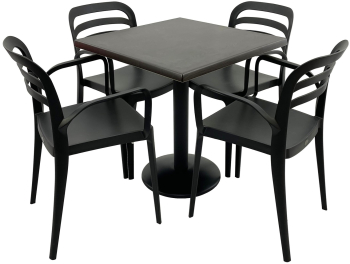 Set mobila terasa/restaurant RAKI masa patrata 80x80cm cu blat Werzalit New Wenge si baza metalica neagra 4 scaune cu brate Aspendos negre