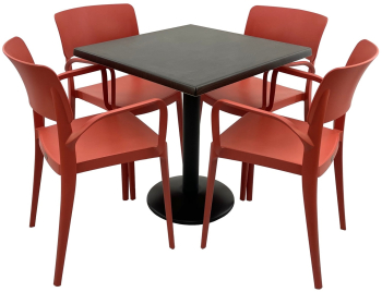 Set mobila terasa/restaurant RAKI masa patrata 80x80cm cu blat Werzalit New Wenge si baza metalica neagra 4 scaune cu brate Panora rosii 5 