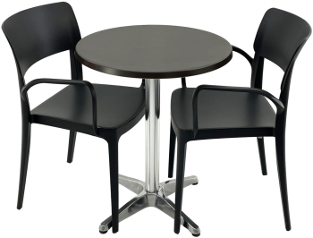 Set mobila terasa/restaurant RAKI masa rotunda D60cm cu blat Werzalit New Wenge si baza aluminiu 2 scaune cu brate Panora negre 54 5x51xh8 