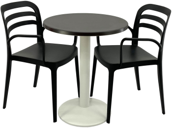 Set mobila terasa/restaurant RAKI masa rotunda D60cm cu blat Werzalit New Wenge si picior metalic alb 2 scaune cu brate Aspendos negre 54 