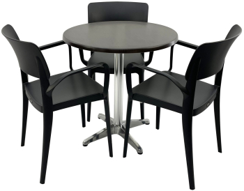 Set mobila terasa/restaurant RAKI masa rotunda D70cm cu blat Werzalit New Wenge si baza aluminiu 3 scaune cu brate Panora negre 54 5x51xh8 