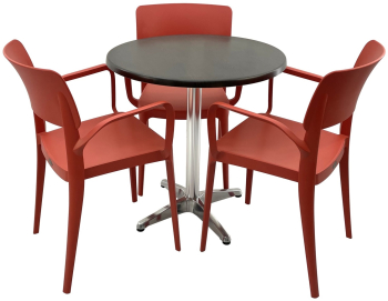 Set mobila terasa/restaurant RAKI masa rotunda D70cm cu blat Werzalit New Wenge si baza aluminiu 3 scaune cu brate Panora rosii 54 5x51xh8 