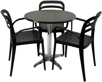 Set mobila terasa/restaurant RAKI masa rotunda D70cm cu blat Werzalit New Wenge si baza aluminiu 3 scaune cu brate Aspendos negre 54 5x51x 