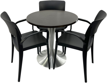 Set mobila terasa/restaurant RAKI masa rotunda D70cm cu blat Werzalit New Wenge si baza din aluminiu 3 scaune cu brate Panora negre 54 5x5 