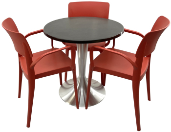 Set mobila terasa/restaurant RAKI masa rotunda D70cm cu blat Werzalit New Wenge si baza din aluminiu 3 scaune cu brate Panora rosii 54 5x5 