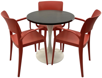 Set mobila terasa/restaurant RAKI masa rotunda D70cm cu blat Werzalit New Wenge si baza metalica alba 3 scaune cu brate Panora rosii 54 5x 