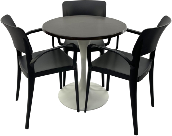 Set mobila terasa/restaurant RAKI masa rotunda D70cm cu blat Werzalit New Wenge si baza metalica alba 3 scaune cu brate Panora negre 54 5x 