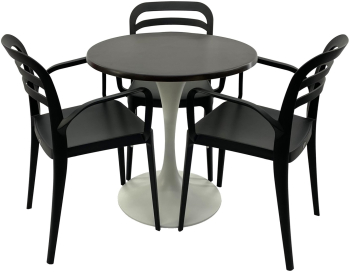 Set mobila terasa/restaurant RAKI masa rotunda D70cm cu blat Werzalit New Wenge si baza metalica alba 3 scaune cu brate Aspendos negre 54