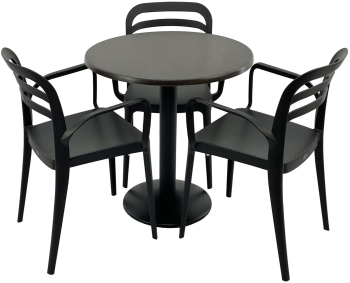 Set mobila terasa/restaurant RAKI masa rotunda D70cm cu blat Werzalit New Wenge si baza metalica neagra 3 scaune cu brate Aspendos negre 5 