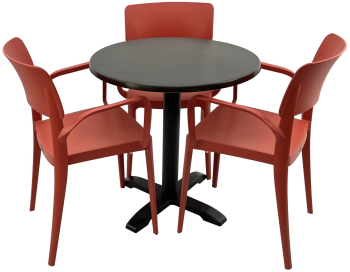 Set mobila terasa/restaurant RAKI masa rotunda D70cm cu blat Werzalit New Wenge si picior din metal negru 3 scaune cu brate Panora rosii 5 