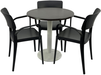 Set mobila terasa/restaurant RAKI masa rotunda D70cm cu blat Werzalit New Wenge si picior metalic alb 3 scaune cu brate Panora negre 54 5x 