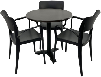 Set mobila terasa/restaurant RAKI masa rotunda D70cm cu blat Werzalit New Wenge si picior metalic negru 3 scaune cu brate Panora negre 54 