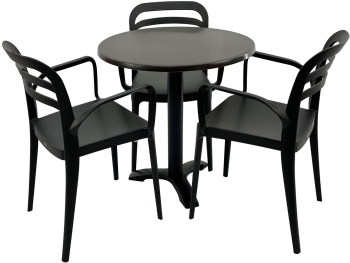 Set mobila terasa/restaurant RAKI masa rotunda D70cm cu blat Werzalit New Wenge si picior metalic negru 3 scaune cu brate Aspendos negre 5 