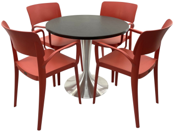 Set mobila terasa/restaurant RAKI masa rotunda D80cm cu blat Werzalit New Wenge si baza din aluminiu 4 scaune cu brate Panora rosii 54 5x5 
