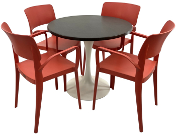 Set mobila terasa/restaurant RAKI masa rotunda D80cm cu blat Werzalit New Wenge si baza metalica alba 4 scaune cu brate Panora rosii 54 5x 