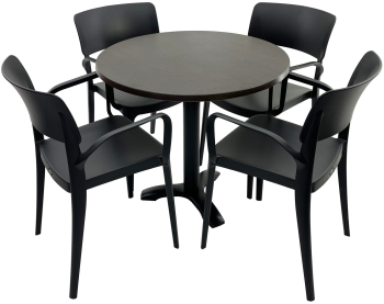 Set mobila terasa/restaurant RAKI masa rotunda D80cm cu blat Werzalit New Wenge si picior metalic negru 4 scaune cu brate Panora negre 54 