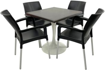 Set mobilier terasa RAKI 4 scaune Sunset negre 55x58xh82cm din plastic cu picioare aluminiu masa patrata 80x80cm cu blat Werzalit New Weng