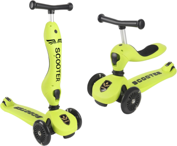Trotineta 2 in 1 transformabila in tricicleta cu sezut pentru copii inaltime ajustabila pe trei dimensiuni verde roti iluminate in miscare