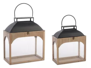 Set 2 felinare lemn natur metal negru Shayra 40x20x50 cm 50x25x61 cm 