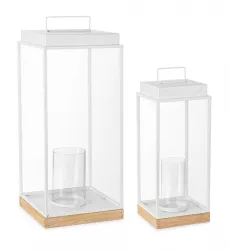 Set 2 felinare metal alb lemn maro Cayley 17x17x42 cm 24x24x56 cm