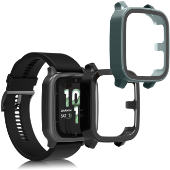 Set 2 Huse Kwmobile cu sticla securizata pentru Garmin Venu Sq 2 Music Negru/Verde Plastic KWM000024ZF004C 