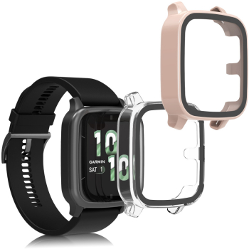 Set 2 Huse Kwmobile cu sticla securizata pentru Garmin Venu Sq 2 Music Transparent/Roz Plastic KWM000024ZF003C 
