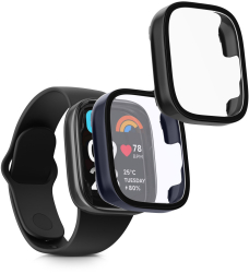 Set 2 Huse Kwmobile cu sticla securizata pentru Xiaomi Redmi Watch 3 Active / Redmi Watch 3 Lite Negru/Albastru inchis Plastic KWM000024Z