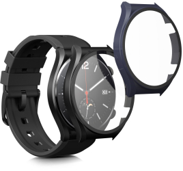 Set 2 Huse Kwmobile cu sticla securizata pentru Xiaomi Watch S1 Negru/Albastru inchis Plastic KWM000015ES003C 