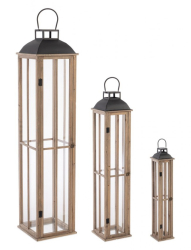 Set 3 felinare lemn metal sticla Shayra 15.5x15.5x77 cm 22x22x104 cm 30x30x134 cm 
