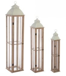 Set 3 felinare lemn natur metal sticla Valto 15.5x15.5x87 cm 22x22x114 cm 30x30x144 cm 