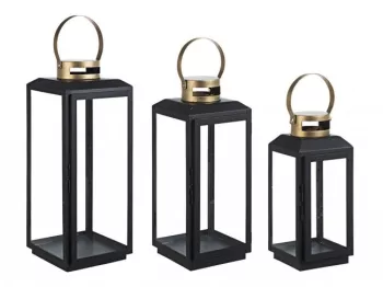 Set 3 felinare metal negru auriu Crissie 13x12.3x28.5 cm 16.5x15.8x38 cm 21x20x49 cm 