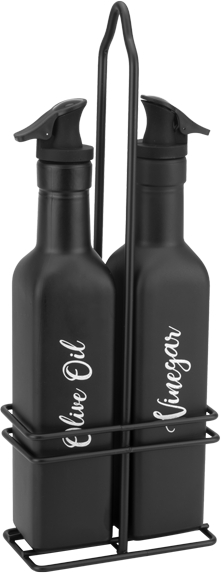 Oliviera 3 piese RAKI VINTAGE BLACK sticle pentru ulei si otet de 250ml din sticla cu suport metalic negru 