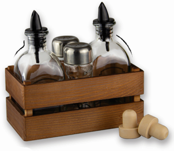 Oliviera 5 piese cu suport ladita lemn wenge RAKI sticle ulei si otet 2x250ml solnita si pipernita 2x80ml 