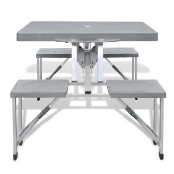 Set pliabil pentru camping cu masa si 4 scaune din aluminiu usor gri 