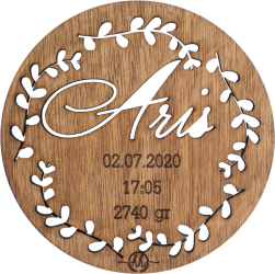 Decor Personalizabil HandyHands cu Detaliile Nasterii personalizat din lemn - 25 L x 25 H cm 