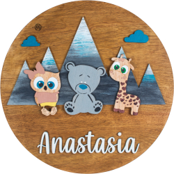 Decor Personalizabil HandyHands cu Nume din lemn 3 Animalute 36 cm 