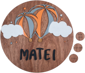 Decor personalizat cu Nume si detaliile nasterii din lemn Balon cu aer cald - 38 L x 38 H cm Alb