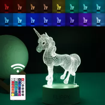 Lampa LED decorativa Flippy 3D Unicorn cu USB si baterii 20 cm inaltime din material acril lumina multicolora si telecomanda inclusa alb 