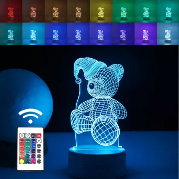 Lampa LED decorativa Flippy 3D Urs cu palarie cu telecomanda doua moduri de alimentare USB si baterii 20 cm inaltime din material acril si 