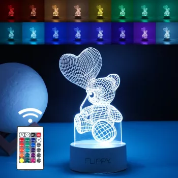 Lampa LED decorativa Flippy 3D Ursulet cu balon inima cu telecomanda doua moduri de alimentare USB si baterii 20 cm inaltime din material 