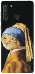 Husa din silicon compatibila cu Samsung Galaxy A21 - model Cat With A Pearl Earring 