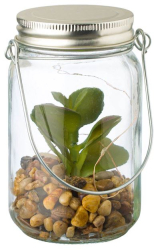 Felinar decorativ din sticla cu 6 Led-uri si planta artificiala cu toarta 8x13.5 cm 