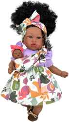 Papusa Nines D Onil Maria Afro cu sunete cu bebelus cu rochie mov cu miros de vanilie 45 cm 