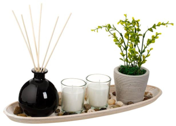 Set cu suport din lemn betisoare diffuser pietricele si planta artificiala 38.5x10x15 cm 