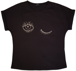 Tricou dama Eyes imprimeu doi ochi bumbac negru S