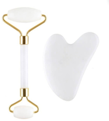 Set Rola Dubla si Piatra Gua Sha Forma Inima Masaj Facial si Corp Jad Alb 