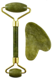 Set Rola Dubla si Piatra Gua Sha Forma Inima Masaj Facial si Corp Jad Verde 