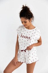 Pijama dama Sensis Valentina de vara scurta imprimeu cu inimioare bumbac ecru cu rosu inchis L